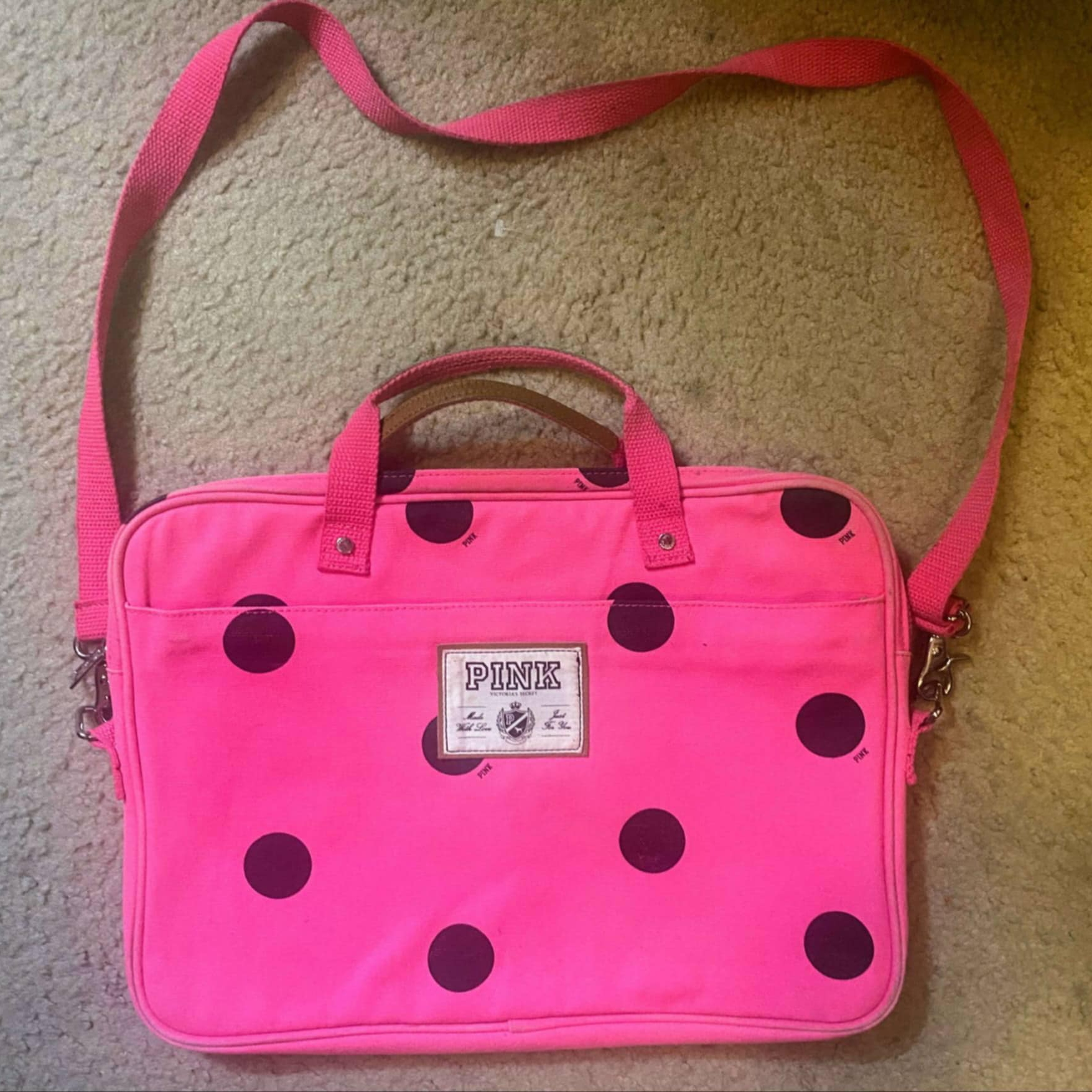 Pink Victoria's Secret Hot Pink Laptop Bag With Black Polka Dots